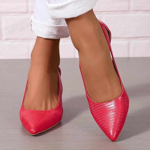 Women's Red Faux Leather Pumps Pointed Closed Toe Kitten Heel Pump Shoes - Picture 2 of 5